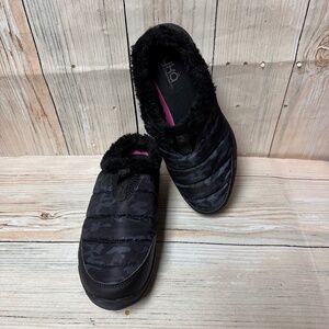 RYKA women's Anise Loafers Black Gray Camouflage Camo 9 WIDE Faux Fur Lined Clog